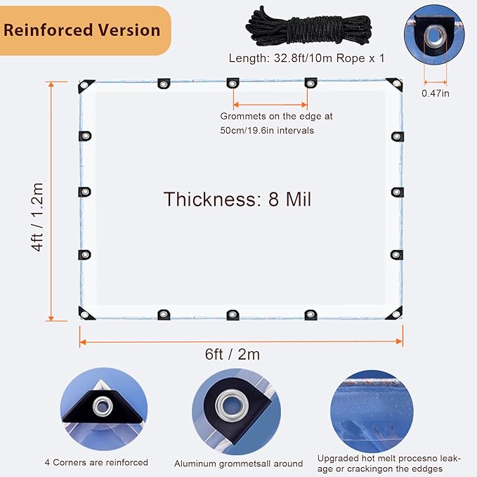 LC&QS 4x6ft Clear Tarp with Grommets, Upgraded Edge Heat Fused Tear Resistant Clear Heavy Duty Tarps, Clear Vinyl Tarps for Patio Fencing, Rain, Wind, Cold, Chicken Coops,and More（Windproof Rope）