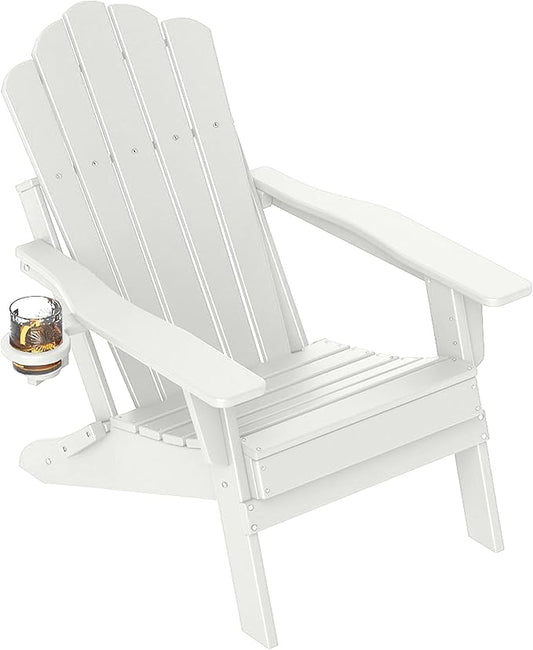 FOOWIN HDPE Adjustable Adirondack Chair, 400lbs Heavy Duty Folding Patio Chair with Cup Holder, 3-Position Reclining Fire Pit Seating, All-Weather Poly Lumber for Backyard, Deck - White