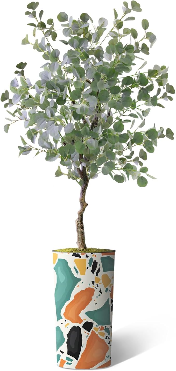 Artificial Tree in Modern Geometric Pattern Planter, Fake Eucalyptus Silk Tree for Indoor and Outdoor Home Decoration - 66" Overall Tall (Plant Pot Plus Tree)