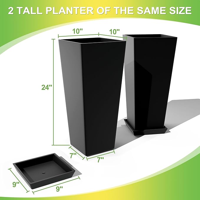 TUYOHW Set of 4 24" Tall Plastic Planters with Trays, Large Tapered Plant Pots for Indoor Outdoor Use, Modern Decorative Planters for Porch, Patio, Garden, and Backyard