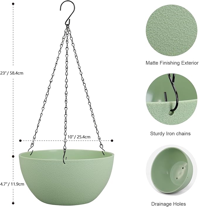 Meowell 10 inch Hanging Planters Plant Pots for Indoor Outdoor Plants, 2 Pack Hanging Flower Pots with Drainage Holes and Chain for Garden Porch, Plastic Hanging Baskets for House Plants, Green