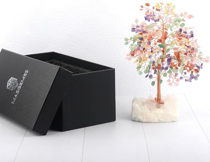 MASGEMES Chakra Crystal Tree of Life Natural Gemstone Healing Crysals(406 Stone Count) with Clear Quartz Base,Fengshui Decor Money Tree,Positive Energy Lucky Gift Height 8.5-9 Inches