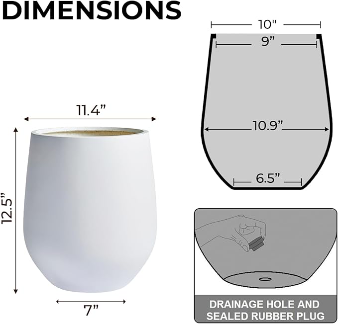 KUTE NEST 12.5"H x 11.4"D Corso Fiberstone Round Tapered Planter with Drainage Hole, Smooth Finishes, Weather Resistant for Indoor and Outdoor Use, Included 2 Extra Coco Mats (White, 9" Pot Opening)