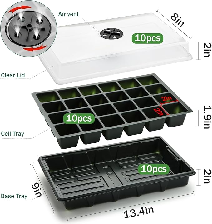 10 Pack XL-Cell Seed Starter Tray, 240 Cells Seedling Trays (2'' Each Cell) with Humidity Dome & Vented Lid, Mini Greenhouse Propagator for Plant Growing, Gardening Supplies