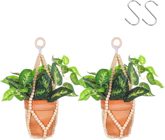 Artilady 2 Pack Beaded Plant Hanger Indoor - Macrame Hanging Planters for Plants Holder No Tassels with Wooden Beads Boho Farmhouse Rustic Home Decor (Wood Color Bead)