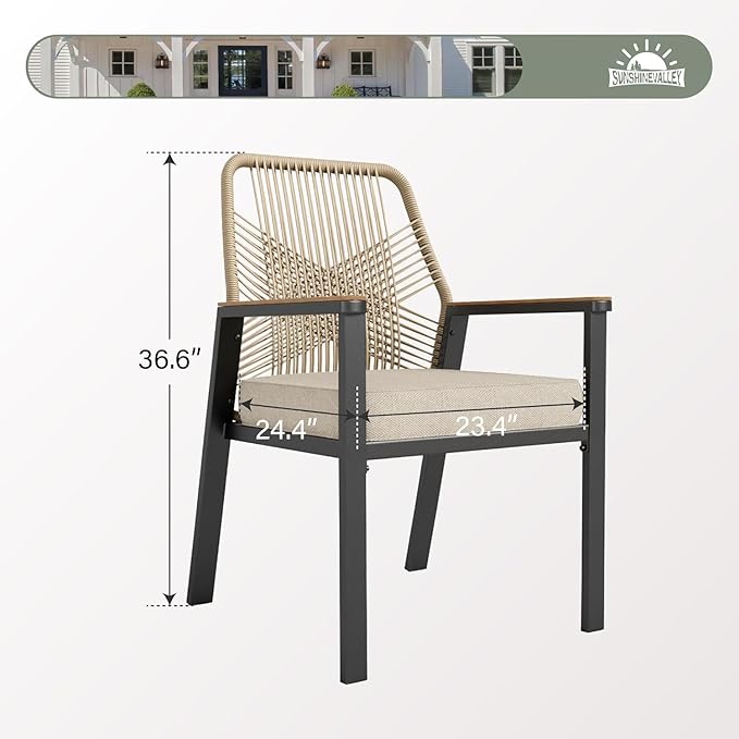 Patio Dining Chairs Set of 6, Heavy-Duty Woven Rope Outdoor Chairs with Waterproof Cushion and Wrought Iron Frame, All-Weather Outside Seating for Kitchen Garden Deck Backyard