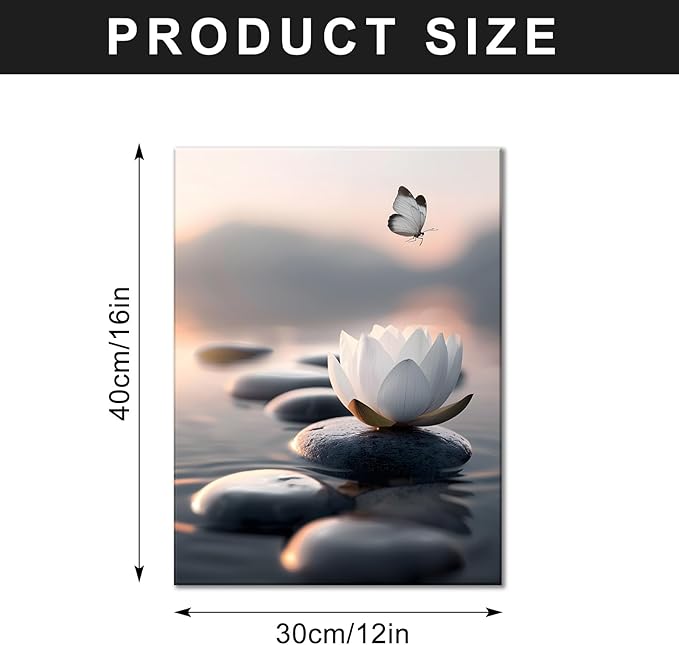 FUNHUA White Lotus Wall Art Canvas Flowers and Stones Spa Butterfly Painting Pictures for Yoga Room Spiritual Room Bathroom Zen Spa Photo Decor Framed Ready to Hang 12X16inches