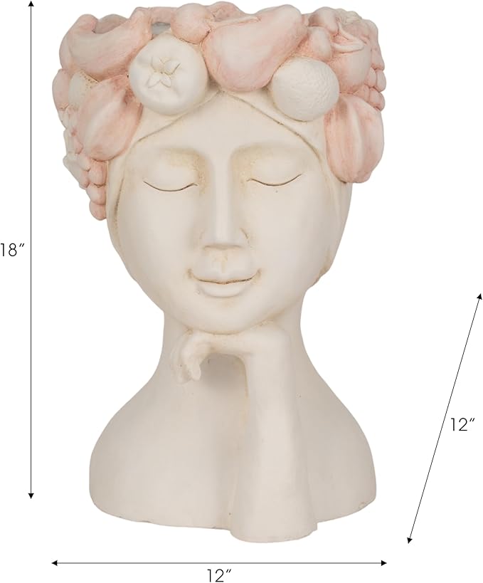 Resin Planter Pots – Decorative Planters for Plants, Indoor Living Room or Covered Patio Placement, Art Face Design Flower Pots for Sculptural Floral Home Decor – 18", White/Pink