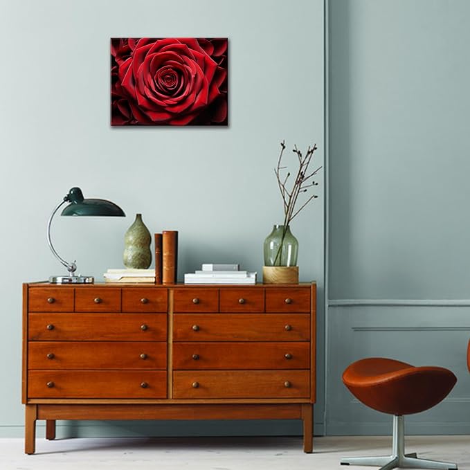 Red Rose Close Up Detail Modern Framed Flowers Giclee Canvas Prints Red Romantic Rose Flower Nature Floral Photography Realism Botanical for Living room Bedroom Bathroom 12"x16" Framed