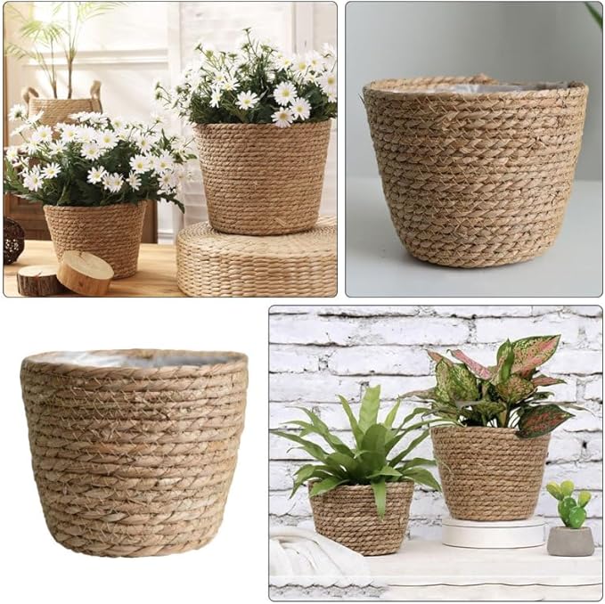 Hand Woven Planter Basket with Liner Rustic Straw Flower Pot for Indoor Outdoor Plants Balcony Living Room Decor 7.8X9.75X7.8 Inches