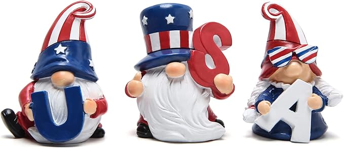 Hodao 3 Pcs Patriotic Gnome Decorations USA Stars and Stripes Elf Gifts Handmade Gnomes Figurines for National Day Memorial Day Ornaments Decor