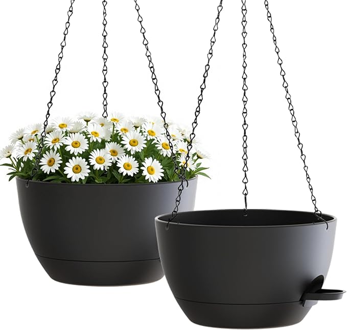 zople 10 Inch Hanging Planters with Chains 2 Pack Self Watering Black Plastic Hanging Pots for Indoor Outdoor Plants, Garden Porch Home Decor (Black)