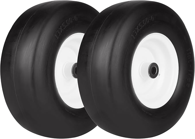13x5.00-6 ILONPA 2PCS Flat Free Smooth Tire w/Steel Wheel Fits Deck 36"-46" Residential Riding Lawn Mower & Garden Tractor- Hub 3.25"-5.9" (Adjustable via Spacers), Bore ID 3/4" 135006