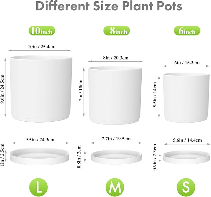 Meowell 10/8/6 inch Deep Flower Pots, 3 Pack Cylinder Tall Plant Pots for Outdoor Indoor Plants, Large Decorative Plastic Planters with Drainage Holes and Saucers for Garden House Plants, White