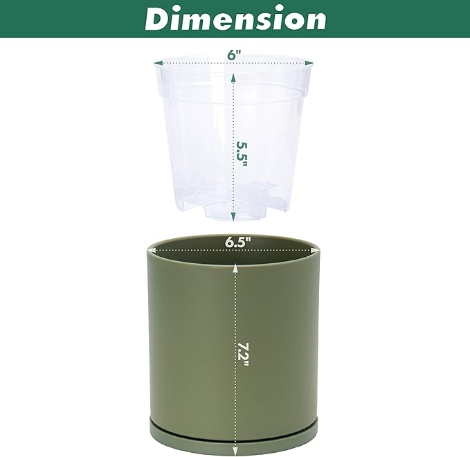 D'vine Dev Double-Layer Planter Set – Rotating Plastic Cachepot with Clear Inner Liner for Root Health, Perfect for Indoor Plants, 6.5", Olive, 73-U-C-2