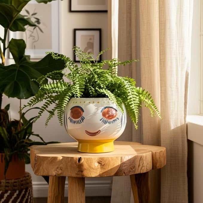 Stoneware Ceramic Planter Pot – Indoor Planter for Plants and Flowers, Shelf, Desk, or Patio Outdoor Decor, Art-Inspired Face Design for Modern Home Decor – 6", Ivory, Yellow, Blue Glaze