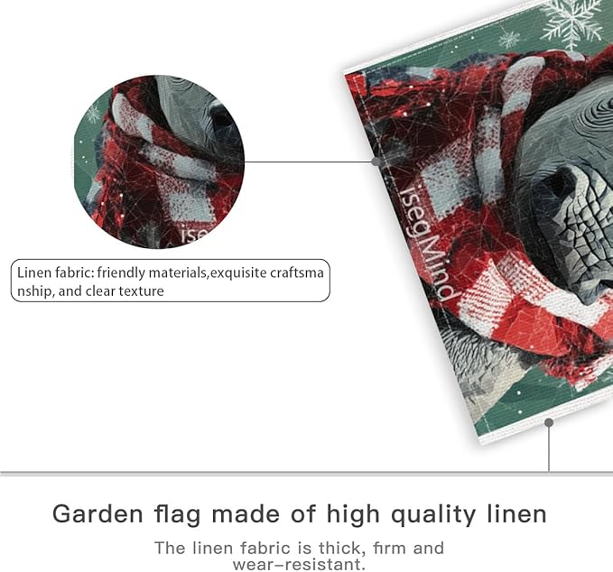 Rhino with Red Scarf and Hat Snowflake Christmas Garden Flag, 28x40 Inch Double Sided Linen Holiday Red Winter Farmhouse Yard Outdoor Decoration (4338)