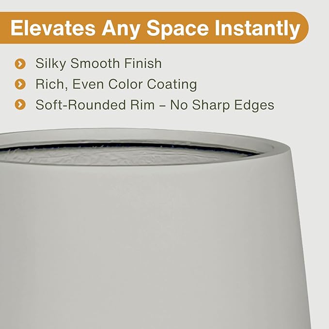 KUTE NEST 12.5" H x 11.4" D Corso Fiberstone Round Tapered Planter with Drainage Hole, Smooth Finishes, Weather Resistant, Included 2 Extra Coco Mats (Light French Gray, 9" Pot Opening)