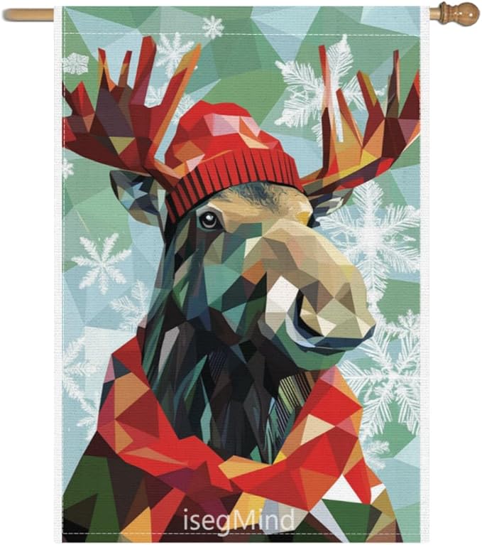Moose with Red Scarf and Hat Snowflake Christmas Garden Flag, 28x40 Inch Double Sided Linen Holiday Red Winter Farmhouse Yard Outdoor Decoration (4336)