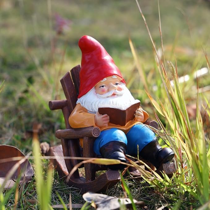Garden Gnome Reading in Rocking Chair, Resin Decorative Statue, 7.2x6.2x4.3 inches
