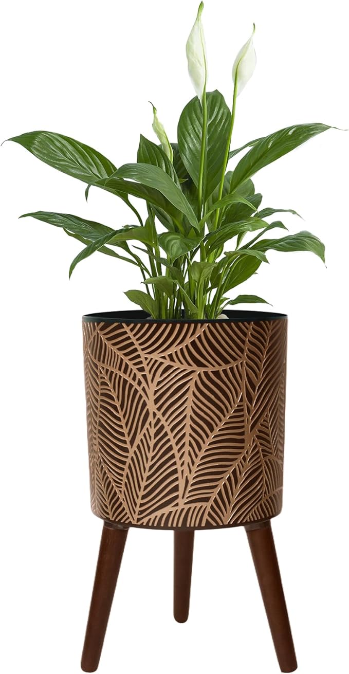 Opnons 12inch Black Plant Pots for Indoor Plants Large Boho Flower Pot with Stand Modern Planters with Gold Floral Embossed Standing Planter with Drainage for Living Room, Office, Garden or Balcony