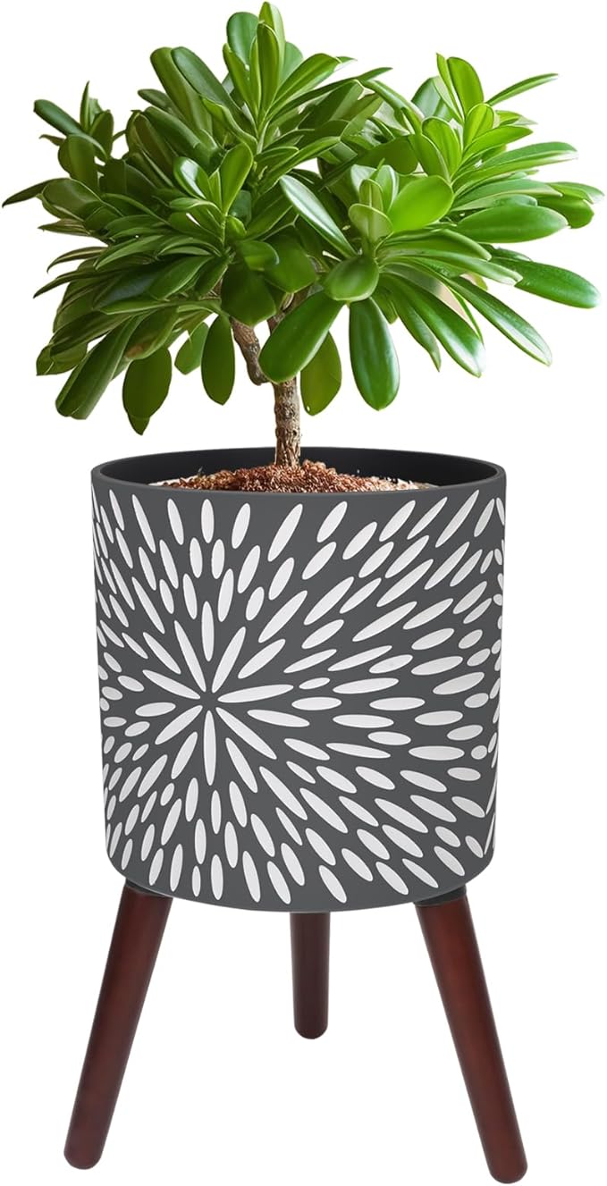 Opnons 12 Inches Plant Pot with Stand, Large Modern Standing Planters for Indoor Plants with Drainage Holes, Gray Flower Pots with Legs