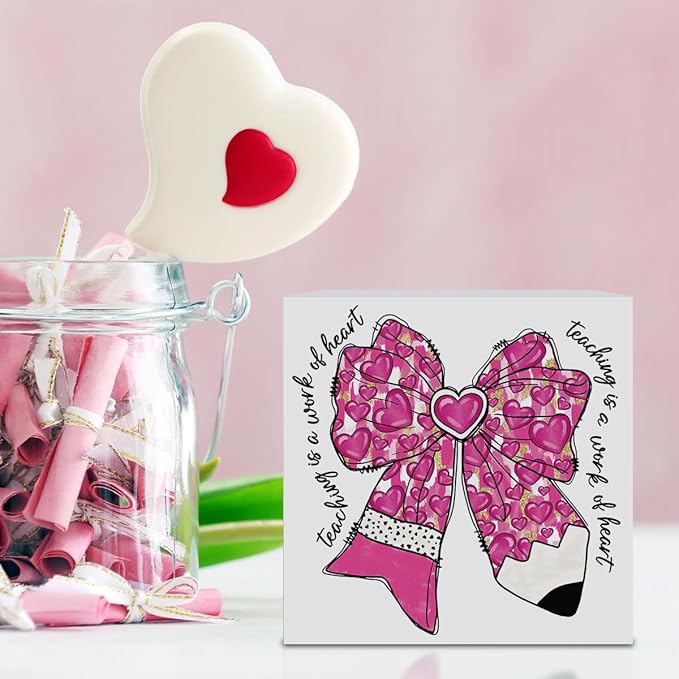 Teacher Valentine Decor Gift, Teacher Appreciation Gifts, Vintage Valentines Day Gifts for Teachers, Graduation Birthday Gift, Pink Glitter Bow Pencil Wooden Box Sign for Office Desk Decor