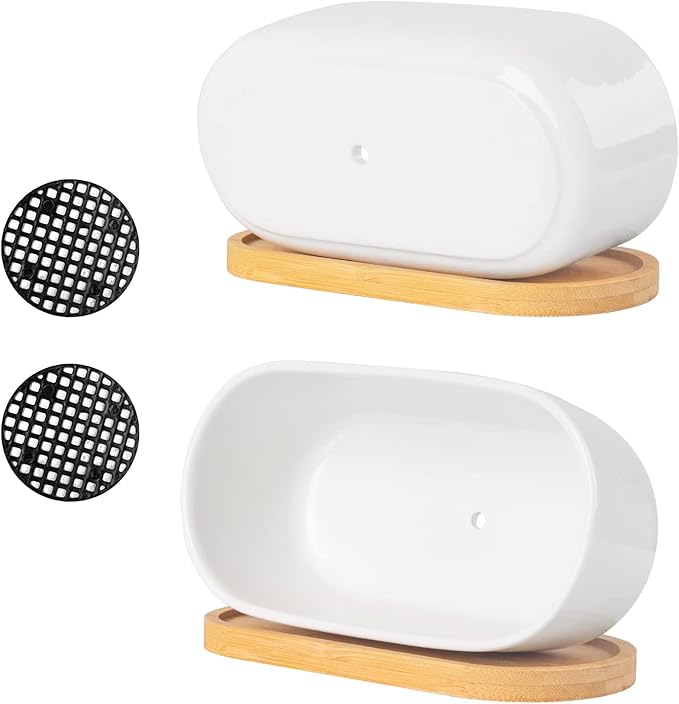 ARVINKEY White Ceramic Succulent Plant Pots, Indoor and Outdoor Succulent Planters, Set of 2 Small Cactus Containers, Bonsai Pots, Flower Pots with Drainage Hole and Bamboo Bowl (No Plant)