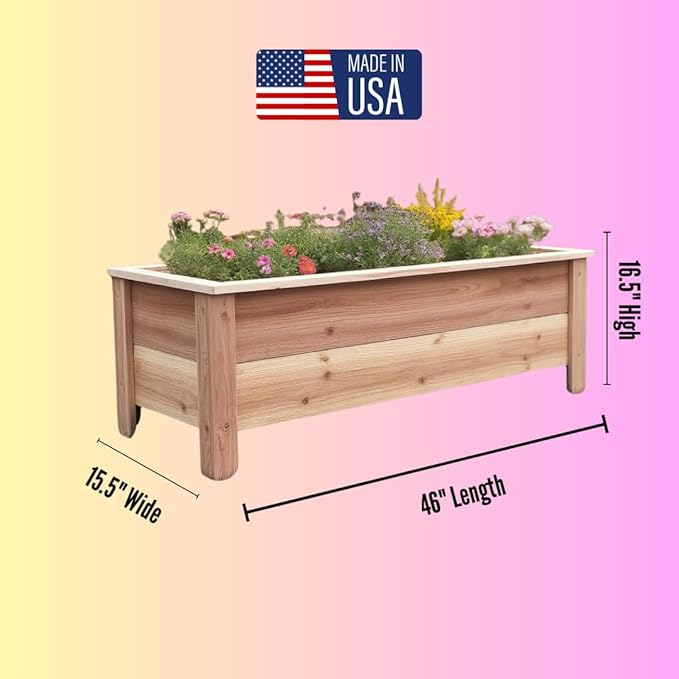 Cedar Raised Garden Bed Planter Box with Legs – Heavy Duty Outdoor Wooden Planter for Vegetables & Flowers, No Bending Elevated Design, Custom Size, Handmade in USA (46in x 15.5in x 16in)