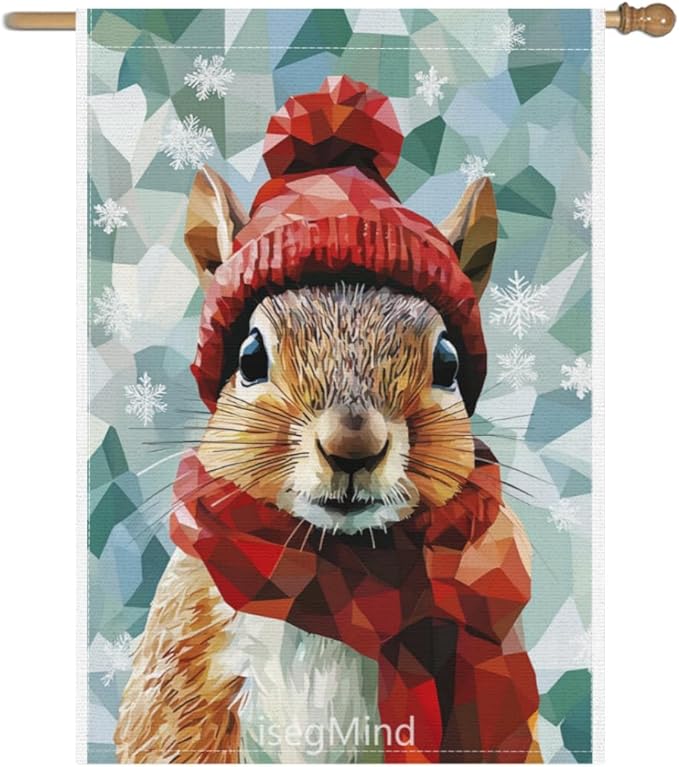 Squirrel with Red Scarf and Hat Snowflake Christmas Garden Flag, 28x40 Inch Double Sided Linen Holiday Red Winter Farmhouse Yard Outdoor Decoration (4320)