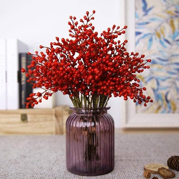 GREENTIME Artificial Red Berry Stems 8 Pack, Festive Christmas Tree Picks, Autumn Fall Home Decor and New Year's Eve Decorations Picks for Holiday Celebrations for Thanksgiving Day Halloween