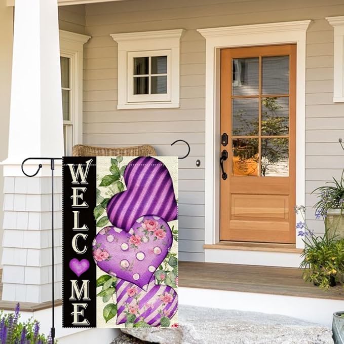Welcome Valentines Day Garden Flag 12x18 Inch Double Sided Small Burlap Purple Hearts and Floral Seasonal Decor for Outdoor Yard Patio Porch