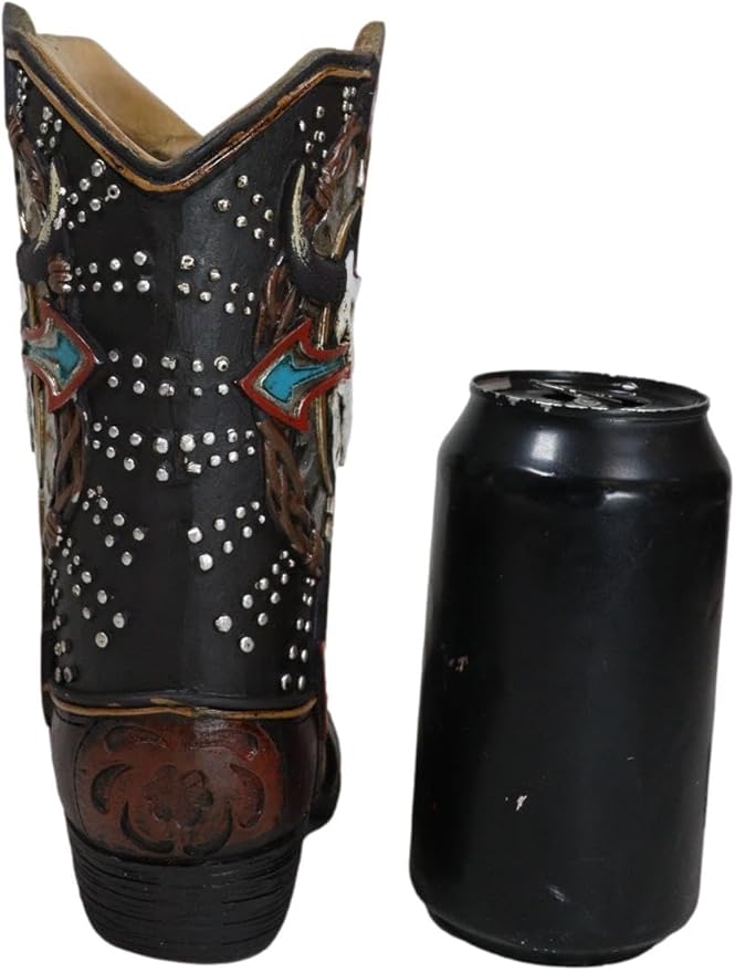 Ebros Gift Rustic Country Western Cow Skull Turquoise Cross and Barbed Wires Faux Tooled Leather Cowboy Boot Decorative Flower Vase Or Planter Figurine