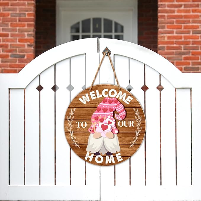 Interchangeable Gnome Welcome Sign Valentine's Day Door Wreath for Home, Gnomes Front Porch Decor Seasonal Wall Hanging Wood Wreath for Spring Summer Fall Winter All Seasons Holiday, Caramel