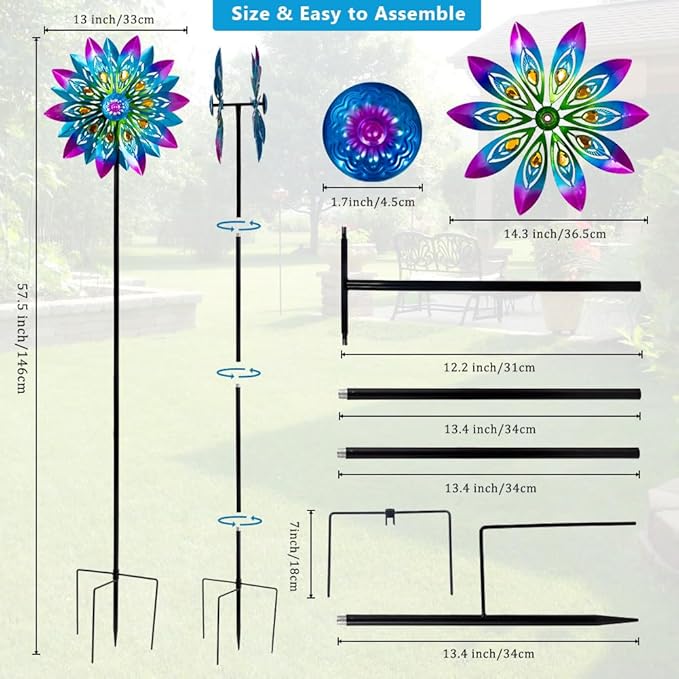VEWOSTAR Metal Wind Spinner,13” Wind Spinners Outdoor,Peacock Windmill with Stake,Kinetic Wind Spinners for Yard and Garden,Multi-Color Pinwheels Yard Wind Sculptures,Waterproof Spinner for Patio Lawn