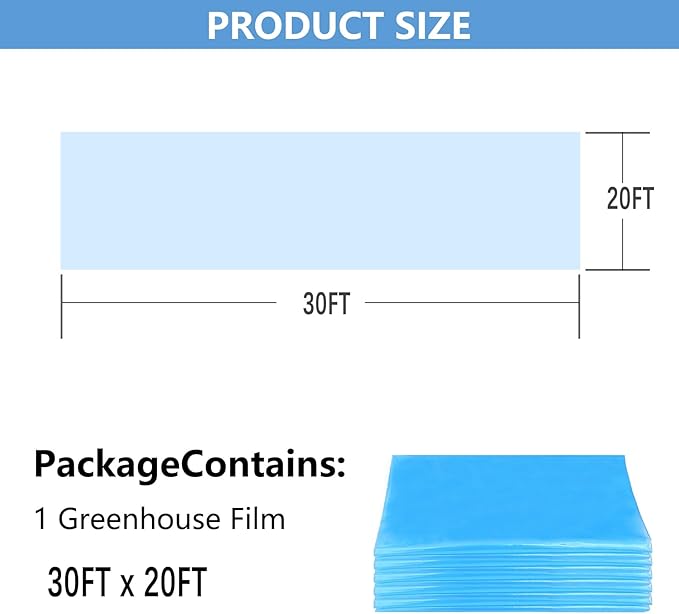 20x30 FT Greenhouse Plastic Film, 6 Mil Clear Film, Superior Toughness, Transparent Hoop House Covering for Gardening, Farming