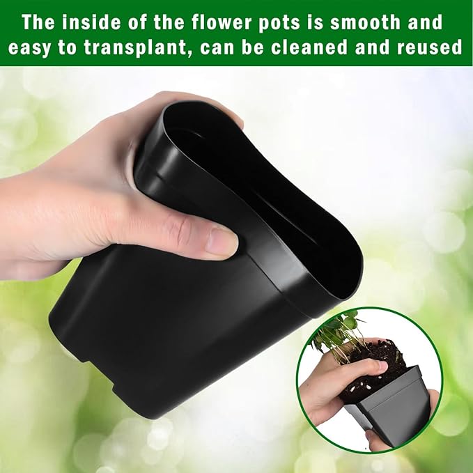 June Fox Plastic Seedling Pots, 60 Pack Square Nursery Pots 4 Inch, Small Plant Pots with Drainage Holes for Seedlings, Succulents, Cuttings (Black)