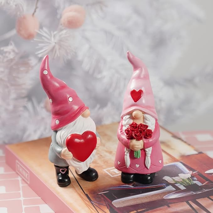 Gnomes Valentines Decorations Table Ornaments - 2 Pc Christmas Gnome Figurines Valentine's Day Decor Gifts for Him Resin Handmade Sweet Mr and Mrs Gnomes Decor for Home 5.25 H inch Newman House Studio
