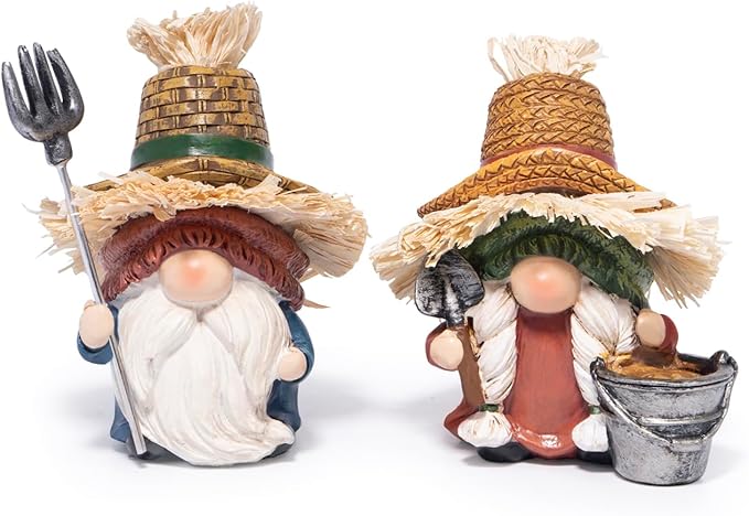 Hodao Farmer Gnomes Figurines — Rustic Resin with Straw Hats & Farm Tools, Hand-Painted Farmhouse Decor & Gift for Gardeners, Home, Porch(Green)