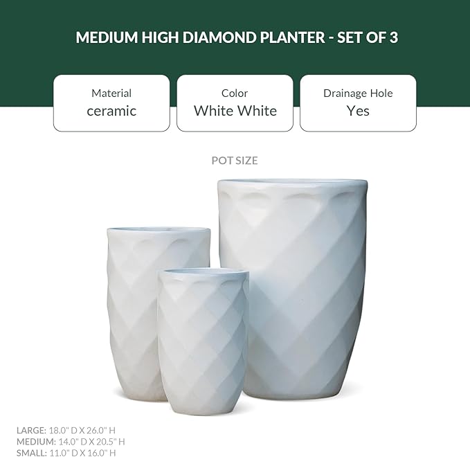 PLANTATOREM Medium High Diamond Ceramic Planter Set of 3 - Elegant Design, White Finish, 18 D x 26 H, Suitable for Indoors and Outdoors, Featuring Drainage Holes and Drip Pan