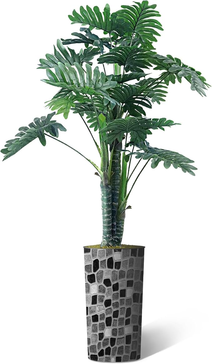 Artificial Tree in Modern Geometric Pattern Planter, Fake Philodendron Tree Silk Tree for Indoor and Outdoor Home Decoration - 70" Overall Tall (Plant Pot Plus Tree)
