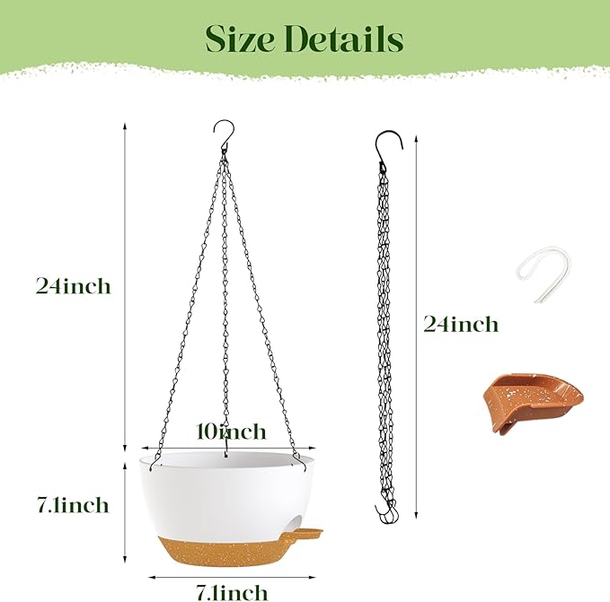 zople 10 Inch Hanging Planters with Chains 2 Pack Self Watering White Brown Plastic Hanging Pots for Indoor Outdoor Plants, Garden Porch Home Decor (White Brown)