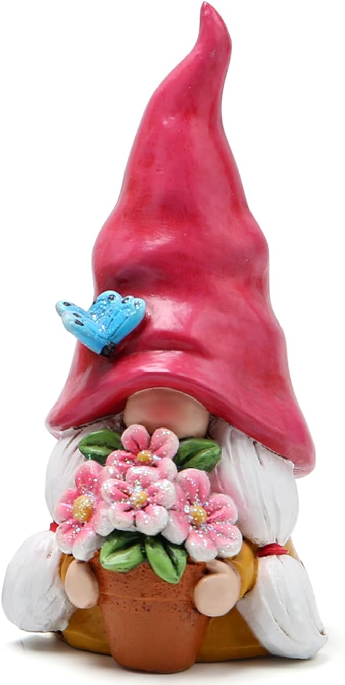 Hodao Spring Gnome Decoration Flower Elf Ornaments Decor Gifts Summer Gnome Figurines for Garden Decor Spring Sculptures Gifts for Outdoor Decor for Mom, Grandma (Red)