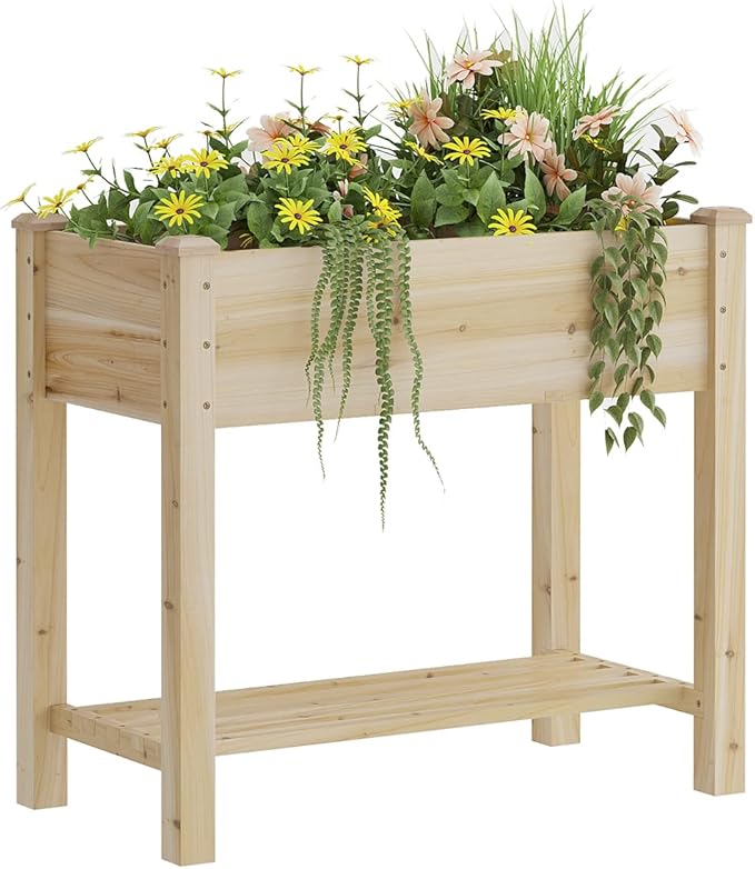 Raised Garden Bed, Planter Box with Storage Shelf, Elevated Wooden Planter Box with Legs, Garden Planter for Backyard, Patio, Balcony, Natural Wood (Natural, S)