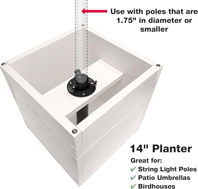 Large Decorative Wooden Planter w/ Universal Pole Support for String Light Poles, Umbrellas, Bird Feeders. Solid Wood Outdoor Garden Patio Box for Plants(Does not include Pole), 14"x14"x14", White