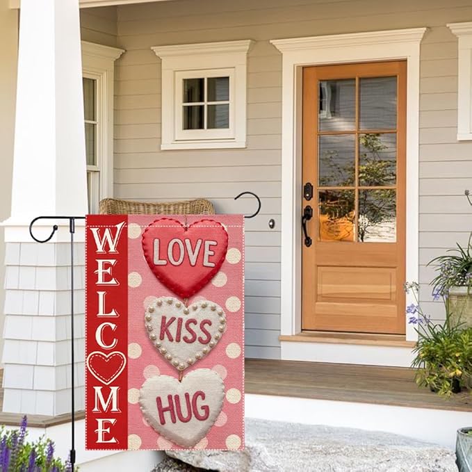 Welcome Love Kiss Hug Garden Flag Valentines Day Garden Flags 12x18 Inch Double Sided Small Burlap Valentine’s Day Seasonal Decor for Outdoor Yard Patio Porch