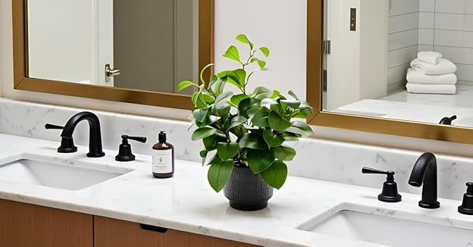 Ewtogift 19" Artificial Ficus Plant in Textured Black Ceramic Planter Tall Faux Plant with Deep Green Leaves for Modern Home Office Shelf Bathroom Tabletop Indoor Decor