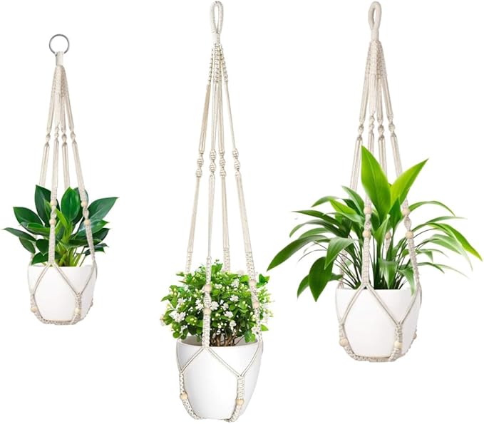 MDKFKDK 3 Pack Macrame Plant Hanger,Hanging Plant Holder, Boho Home Decor Hanging Basket with Wood Beads,Hanging Planters for Indoor Plants,Plant Hanger Indoor 35"/29"/23" Ivory (POTS NOT Included)