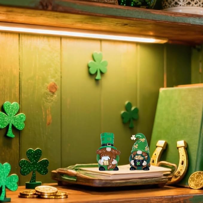 MEETYAMOR St Patricks Day Decorations, 2 PCS Handmade Gnome Resin Figurine for St Patricks Day Decor, Irish Green Clover Leprechaun Figurines Standing for Home Table, Mantel, Shelf