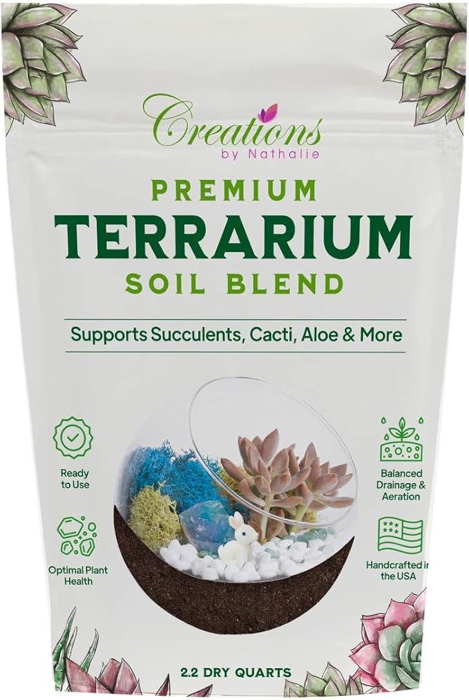 Creations by Nathalie Terrarium Soil Blend - Well Draining Potting Soil for Live Succulents, Cactus, Aloe - Terrarium Supplies, Natural Pine Bark, Peat, Coarse Sand - Indoor Planting Mix Bag